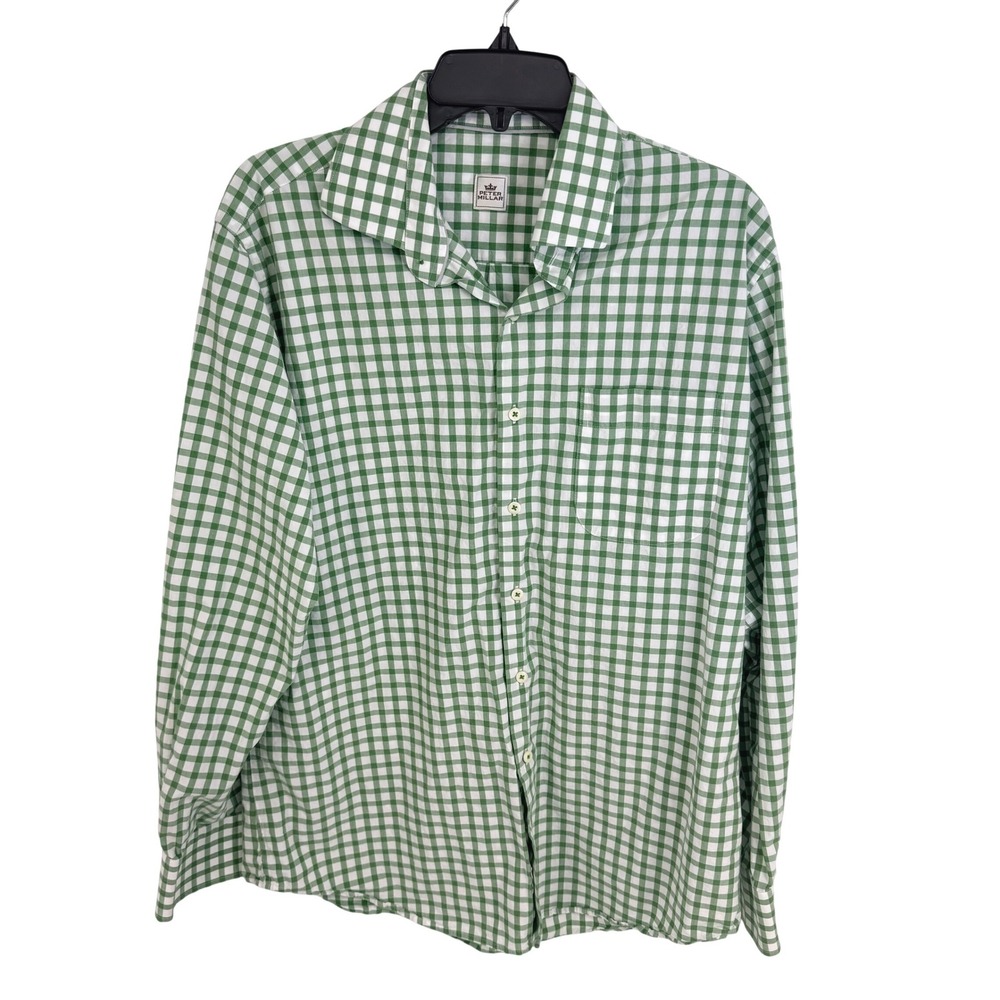 Peter Millar Button Up Shirt Mens Lg Green White Gingham Cotton Long Sleeve